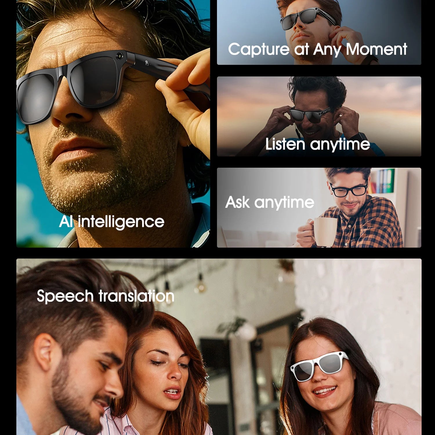 Smart Glasses for Men Women Translation Earphones AI Voice Assistant Sunglasses HD Camera Function Photo Video Music Glasses