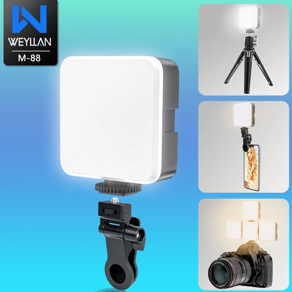 Led Light Clip-on Selfie Light Three Lighting Modes 10 Level Brightness WEYLLAN M-88 Rechargeable Light for Camera Tripod Phone