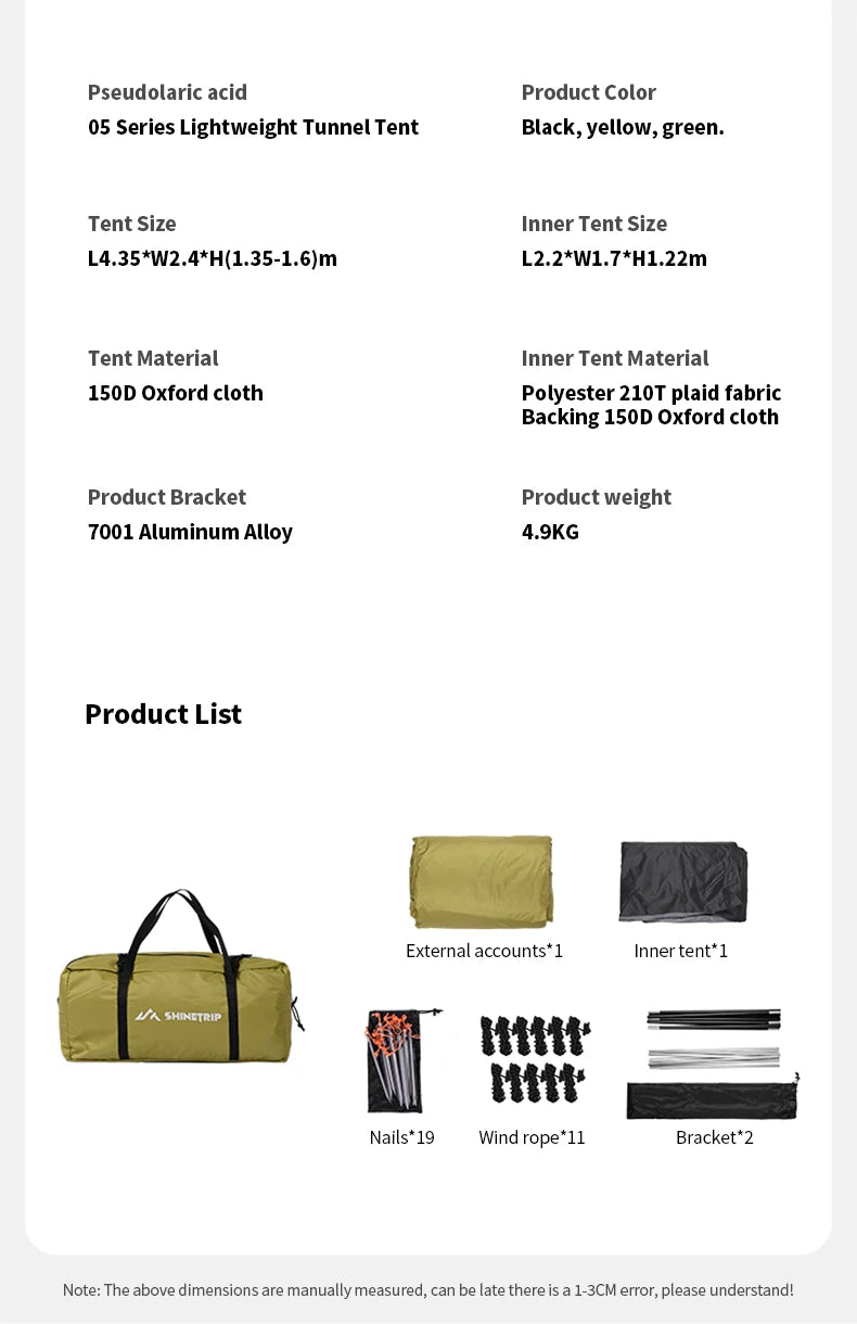 ShineTrip A491 Lightweight Double Camp Tunnel Tent Portable Large Space Multifunctional Sunscreen Oxford Motorcycle Travel Tent