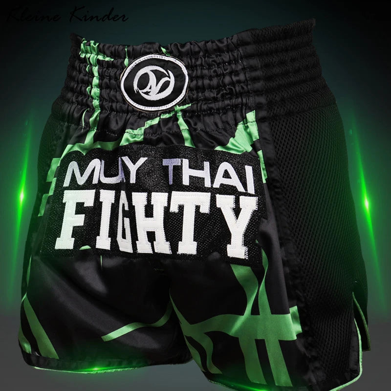 Muay Thai Shorts Thailand Embroidery Boxing Shorts Men Women Kids Satin MMA Clothes Gym Grappling Cage Fight Kickboxing Pants