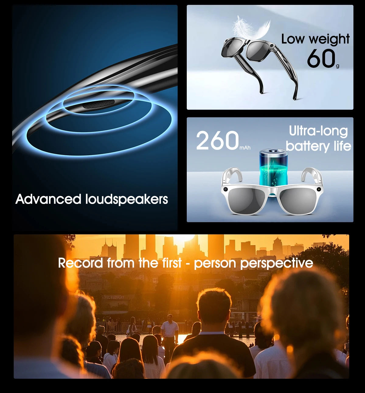 Smart Glasses for Men Women Translation Earphones AI Voice Assistant Sunglasses HD Camera Function Photo Video Music Glasses