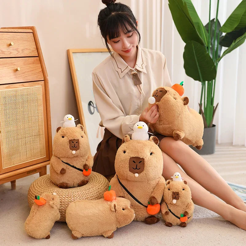 Strawberry Hat Capybara Plush Toy Simulation Turtle Backpack Capibara Stuffed Animals Papa Hand Circle Ring Small size Pendant