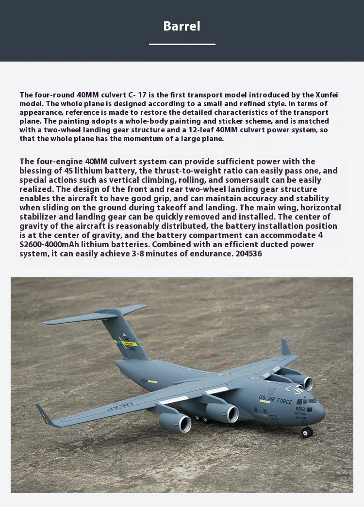Xfly 40mm C17 Transport Aircraft Four Engine Jet Ducted Model Aircraft Rc Plane Electric Model Aircraft Assembly Fixed Wing