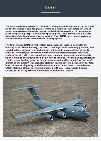 Xfly 40mm C17 Transport Aircraft Four Engine Jet Ducted Model Aircraft Rc Plane Electric Model Aircraft Assembly Fixed Wing