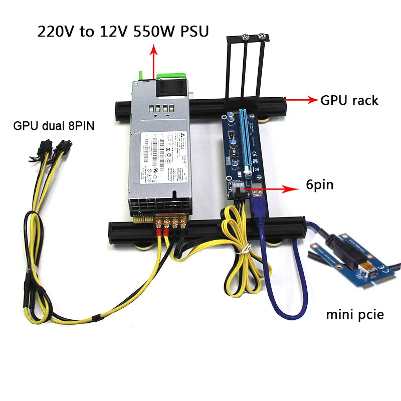 Laptop external graphics card dock mini pcie to pciex16 riser card set bracket + riser card + GPU power cable + power supply