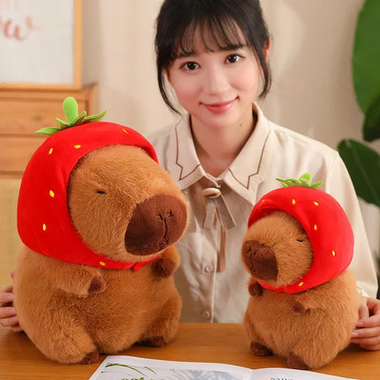 Strawberry Hat Capybara Plush Toy Simulation Turtle Backpack Capibara Stuffed Animals Papa Hand Circle Ring Small size Pendant