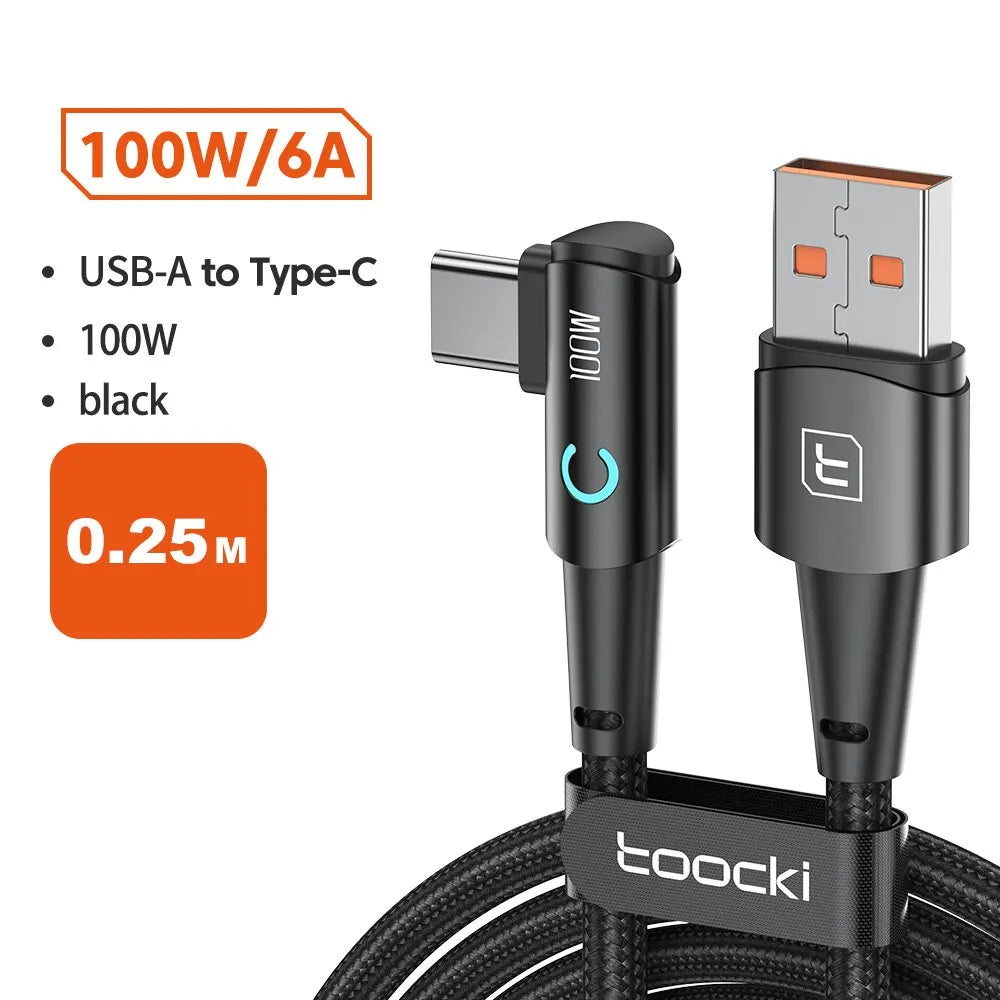 Toocki 6A USB C Cable 90 Degree For OPPO 100W Fast Charging Cord For Honor Huawei Oneplus Realme Charger Data Wire