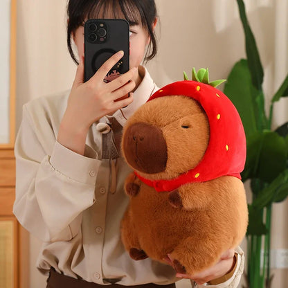 Strawberry Hat Capybara Plush Toy Simulation Turtle Backpack Capibara Stuffed Animals Papa Hand Circle Ring Small size Pendant