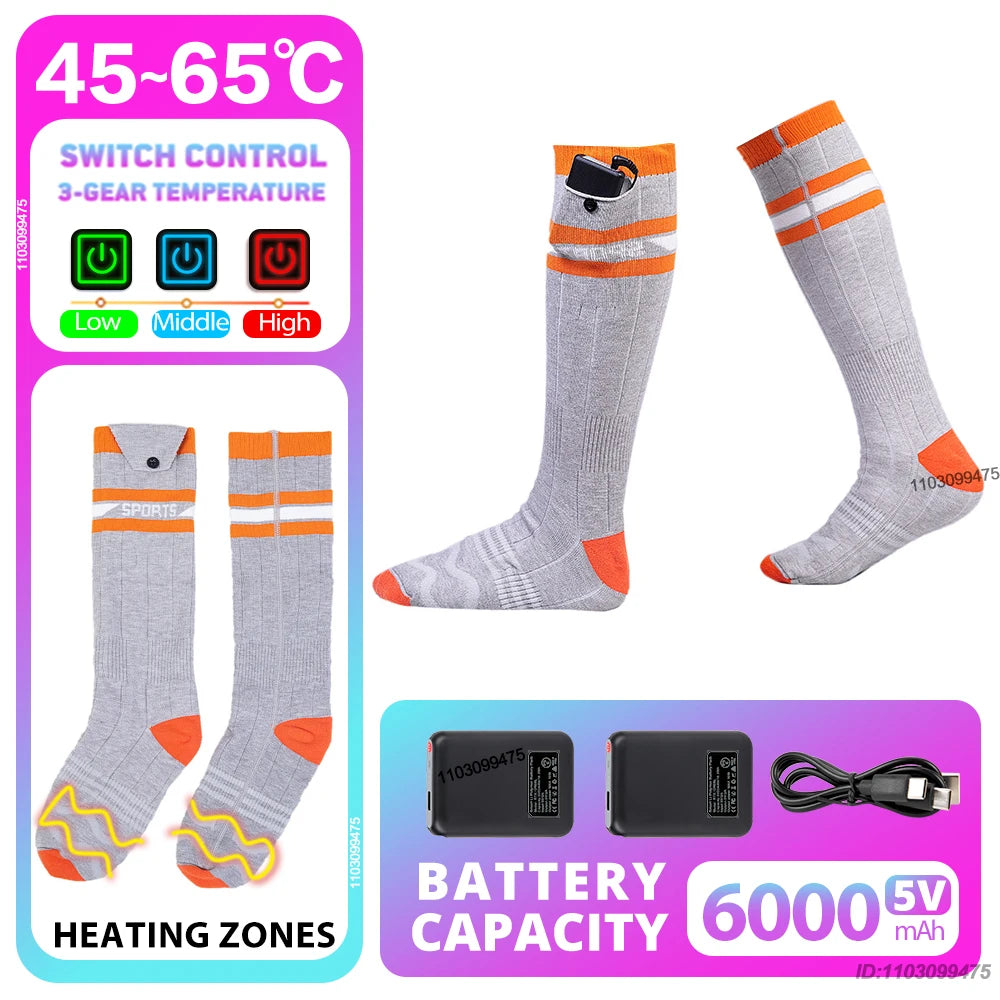 New Heated Socks Rechargeable 6000mah Electric Heated Skiing Socks Snowboarding Outdoor Sports Foot Warmer Winter Thermal Socks
