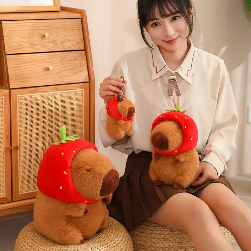 Strawberry Hat Capybara Plush Toy Simulation Turtle Backpack Capibara Stuffed Animals Papa Hand Circle Ring Small size Pendant