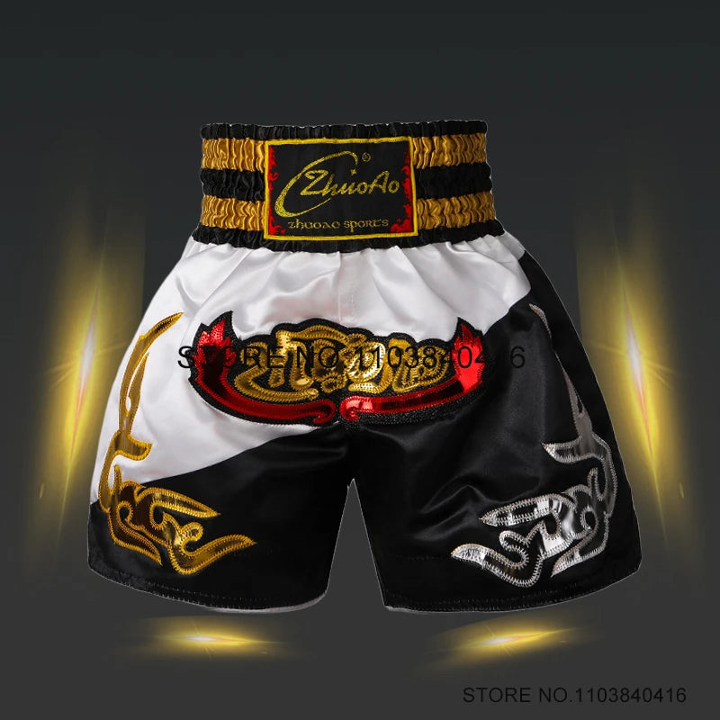 Muay Thai Shorts Thailand Embroidery Boxing Shorts Men Women Kids Satin MMA Clothes Gym Grappling Cage Fight Kickboxing Pants