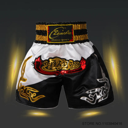 Muay Thai Shorts Thailand Embroidery Boxing Shorts Men Women Kids Satin MMA Clothes Gym Grappling Cage Fight Kickboxing Pants