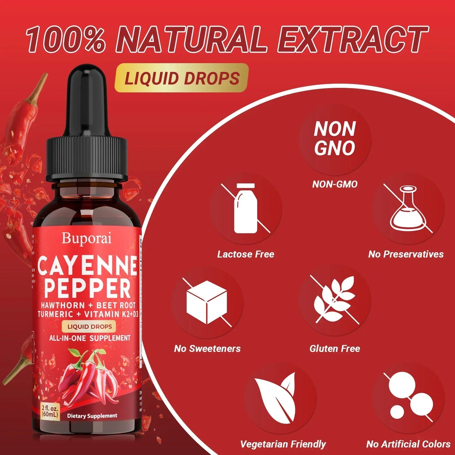 60ml Cayenne Pepper Drops - Heart Health, Immunity, Improves Digestion - Gluten-free, Non-GMO