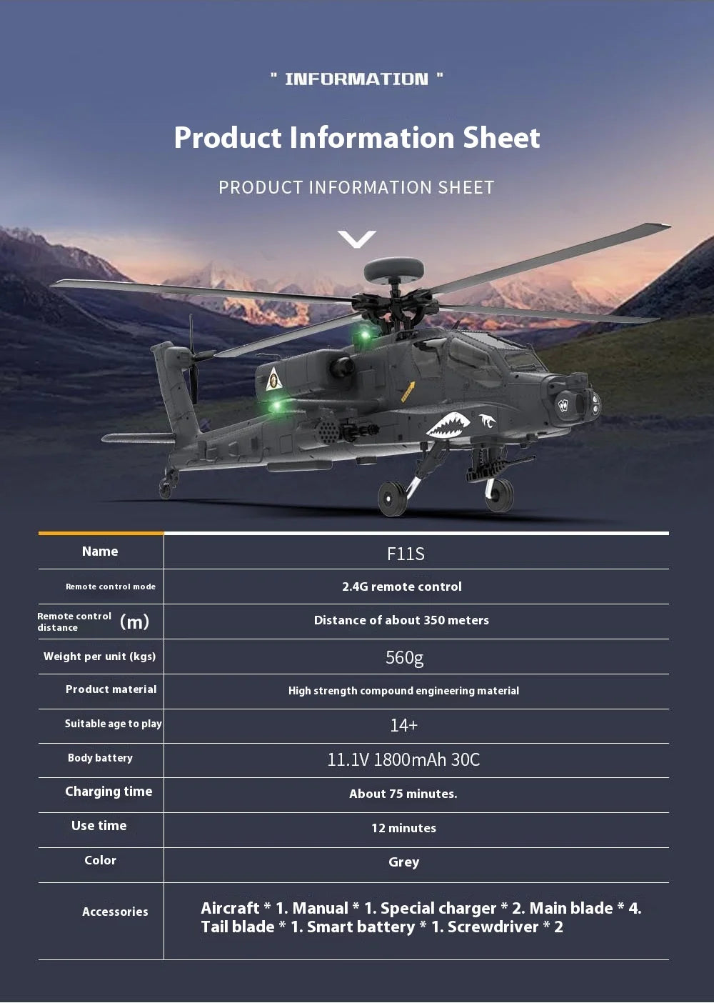 Yuxiang F11s 1:32 Apache Armed Remote-Controlled Helicopter Novice Entry-Level Intelligent Version Multifunctional Aircraft