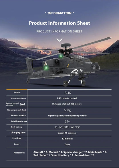 Yuxiang F11s 1:32 Apache Armed Remote-Controlled Helicopter Novice Entry-Level Intelligent Version Multifunctional Aircraft