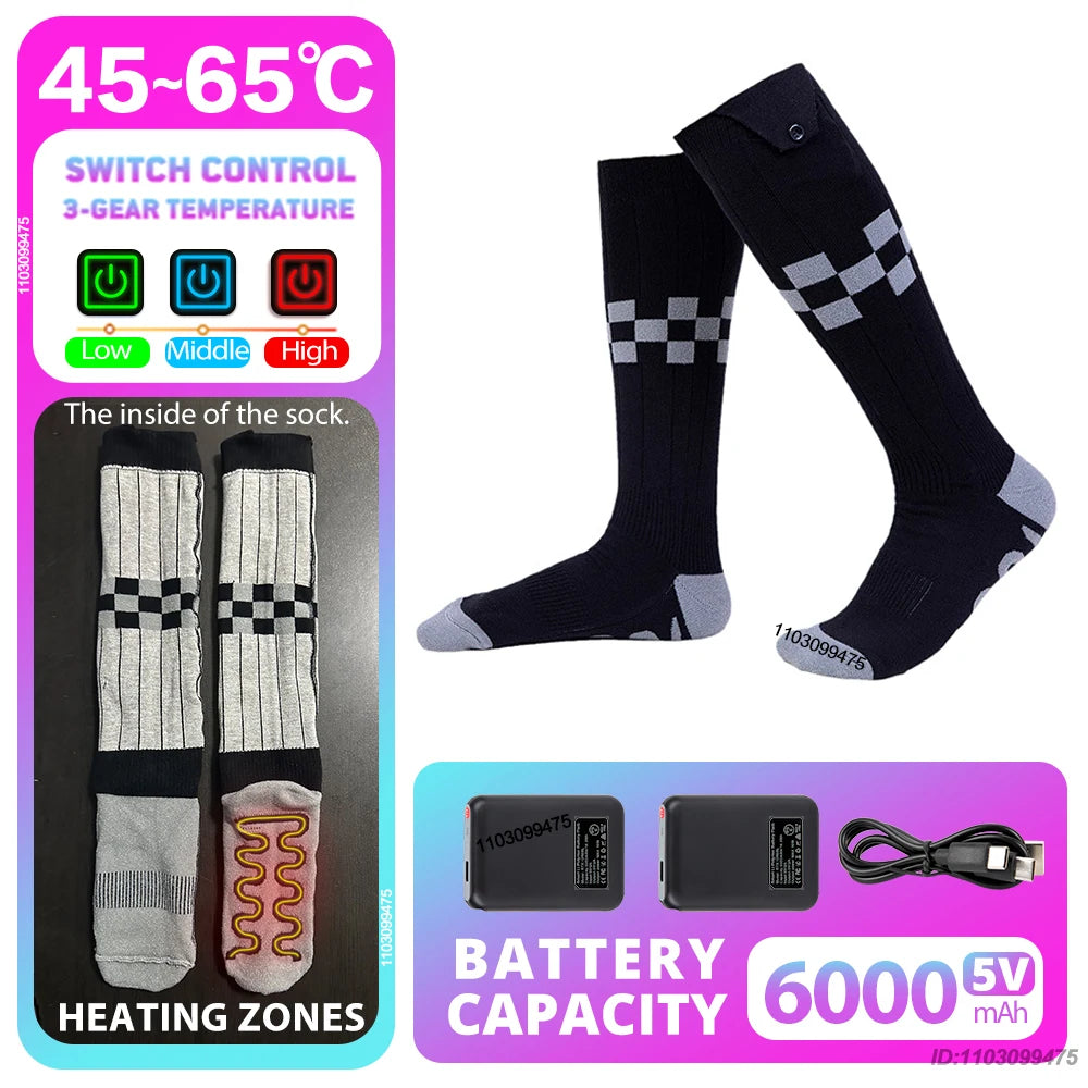 New Heated Socks Rechargeable 6000mah Electric Heated Skiing Socks Snowboarding Outdoor Sports Foot Warmer Winter Thermal Socks
