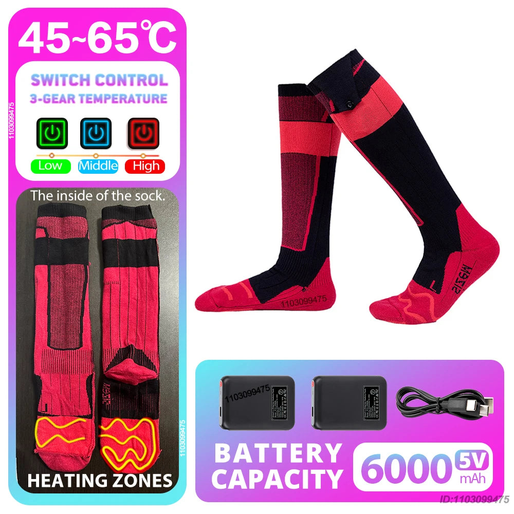 New Heated Socks Rechargeable 6000mah Electric Heated Skiing Socks Snowboarding Outdoor Sports Foot Warmer Winter Thermal Socks