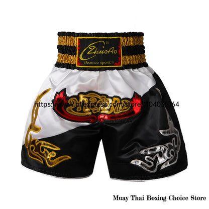 Muay Thai Shorts Thailand Embroidery Boxing Shorts Men Women Kids Satin MMA Clothes Gym Grappling Cage Fight Kickboxing Pants