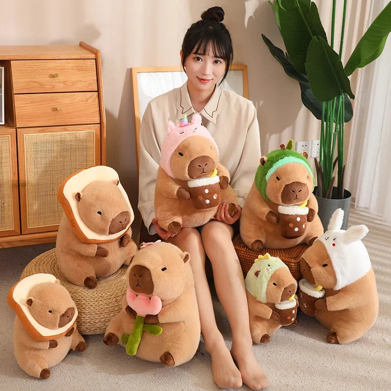 Strawberry Hat Capybara Plush Toy Simulation Turtle Backpack Capibara Stuffed Animals Papa Hand Circle Ring Small size Pendant