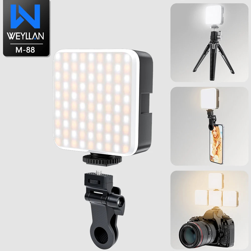 Led Light Clip-on Selfie Light Three Lighting Modes 10 Level Brightness WEYLLAN M-88 Rechargeable Light for Camera Tripod Phone
