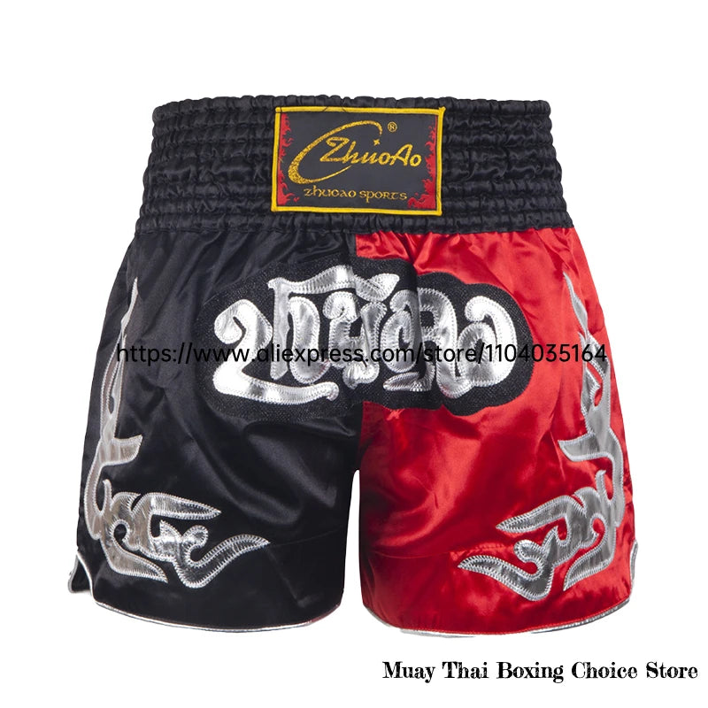 Muay Thai Shorts Thailand Embroidery Boxing Shorts Men Women Kids Satin MMA Clothes Gym Grappling Cage Fight Kickboxing Pants