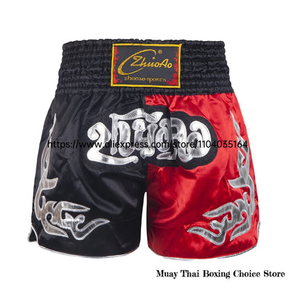 Muay Thai Shorts Thailand Embroidery Boxing Shorts Men Women Kids Satin MMA Clothes Gym Grappling Cage Fight Kickboxing Pants