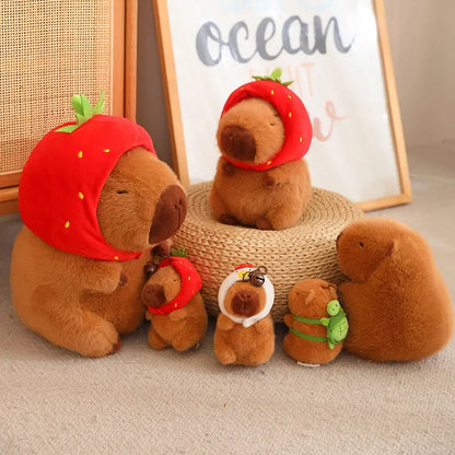 Strawberry Hat Capybara Plush Toy Simulation Turtle Backpack Capibara Stuffed Animals Papa Hand Circle Ring Small size Pendant