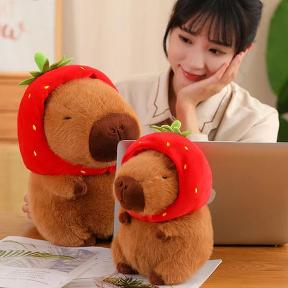 Strawberry Hat Capybara Plush Toy Simulation Turtle Backpack Capibara Stuffed Animals Papa Hand Circle Ring Small size Pendant