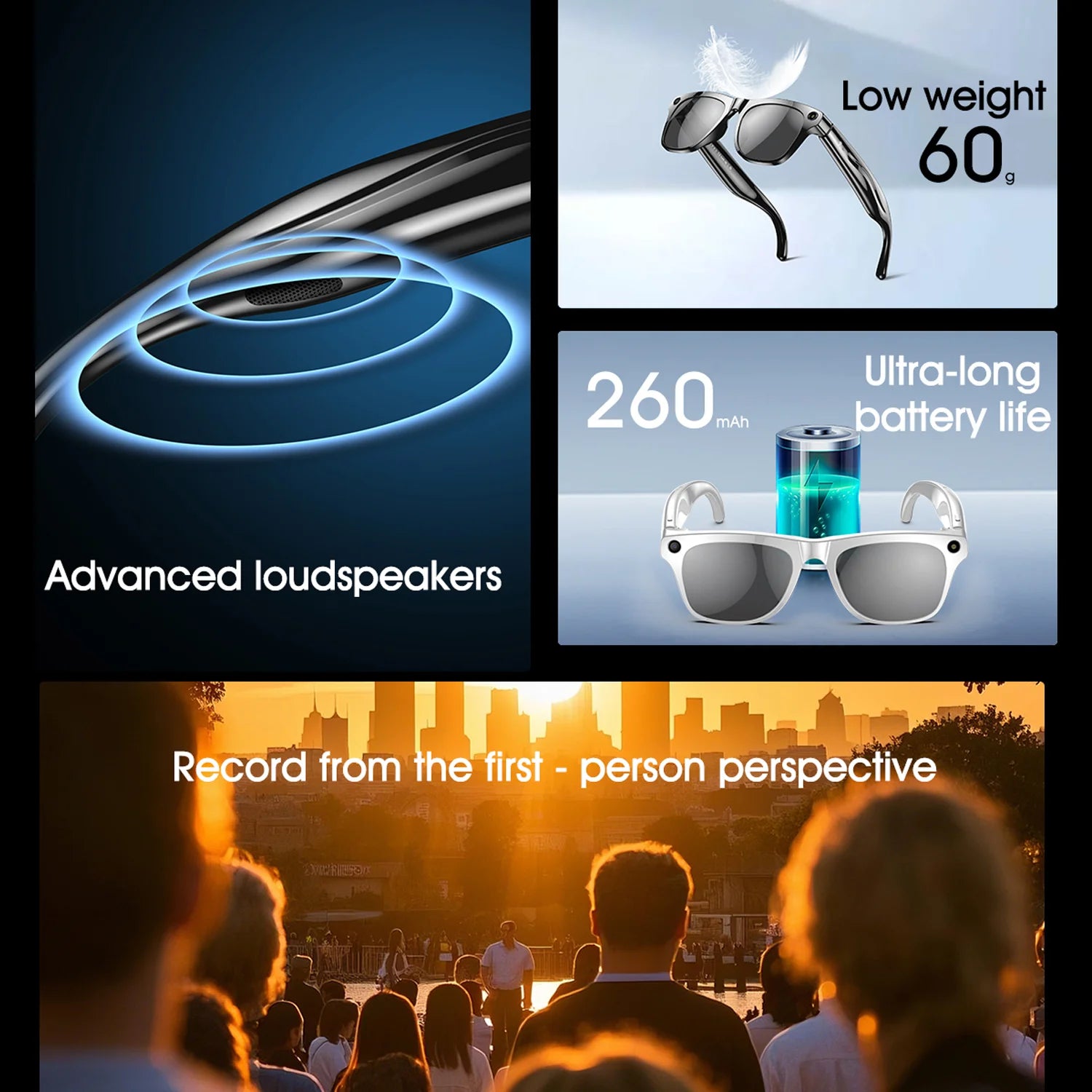 Smart Glasses for Men Women Translation Earphones AI Voice Assistant Sunglasses HD Camera Function Photo Video Music Glasses