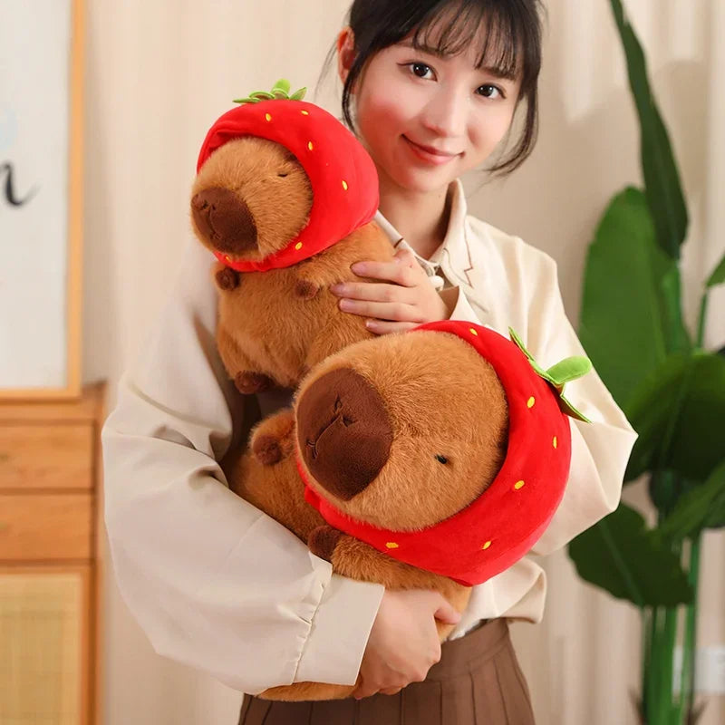 Strawberry Hat Capybara Plush Toy Simulation Turtle Backpack Capibara Stuffed Animals Papa Hand Circle Ring Small size Pendant