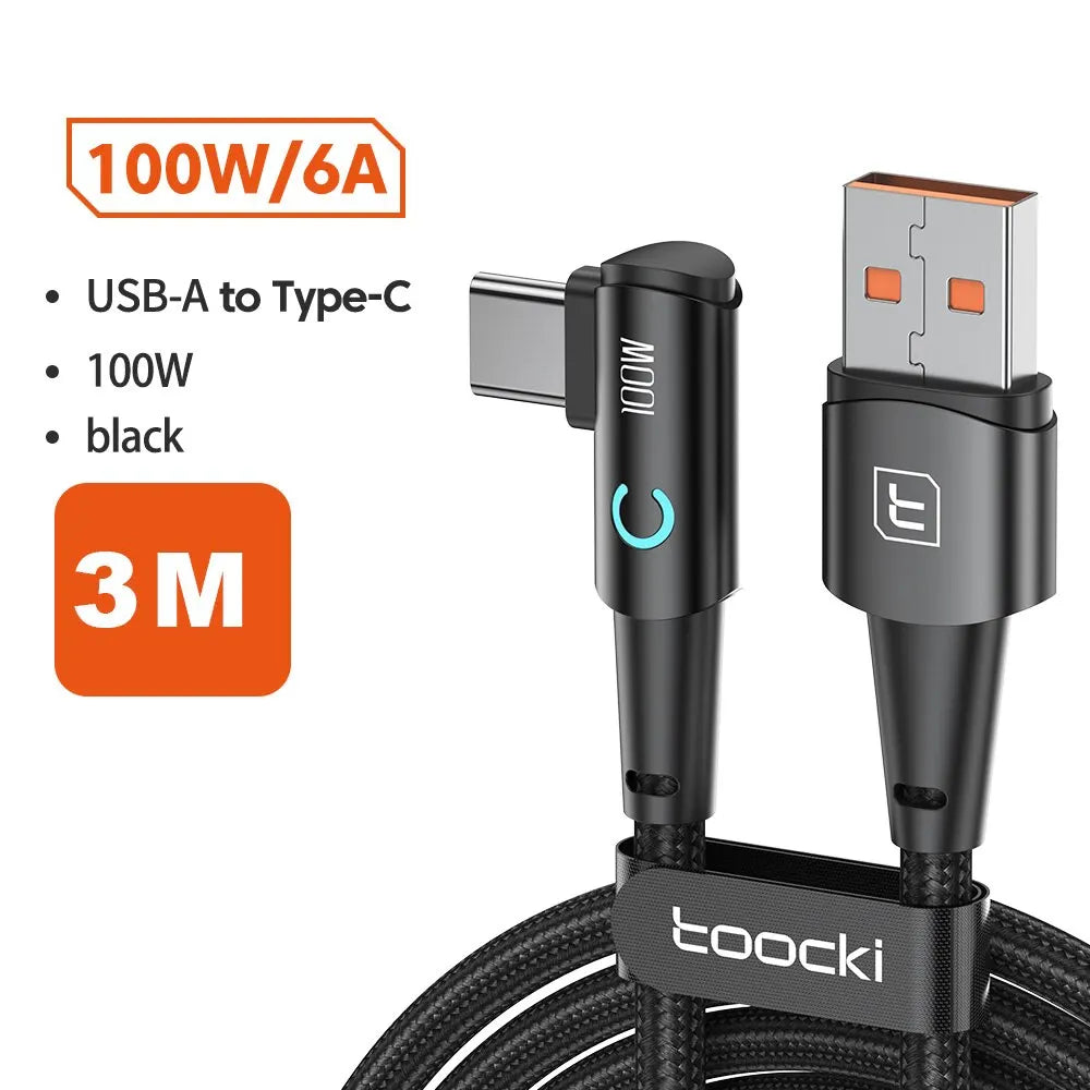 Toocki 6A USB C Cable 90 Degree For OPPO 100W Fast Charging Cord For Honor Huawei Oneplus Realme Charger Data Wire