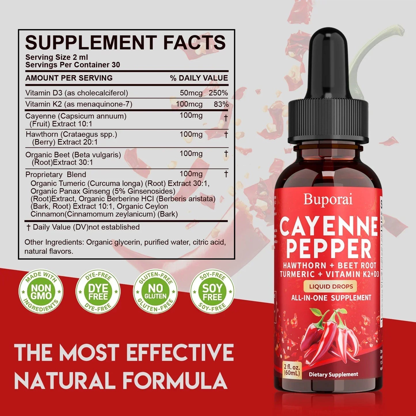 60ml Cayenne Pepper Drops - Heart Health, Immunity, Improves Digestion - Gluten-free, Non-GMO