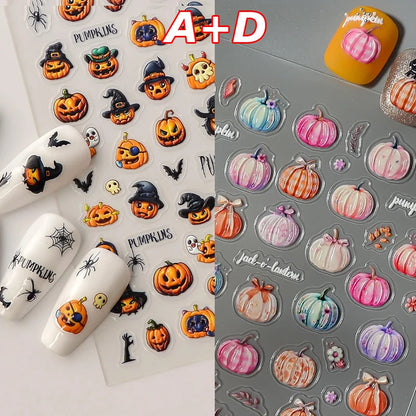 2/1Pcs Pumkin Spider Web Nail Stickers Halloween Ghost Nail Art Decals Adhesive Gel Decals Sliders Tattoo Manicure Decorations