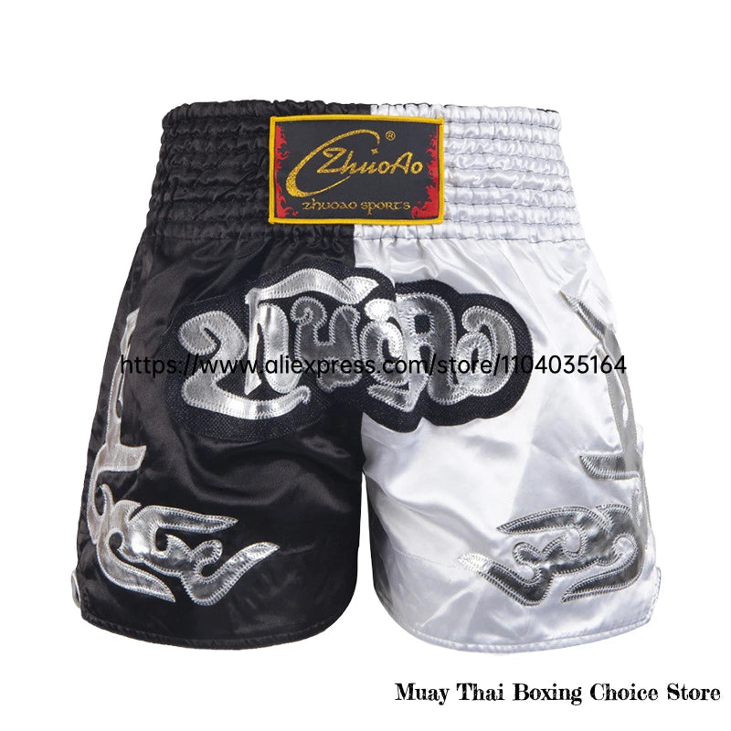 Muay Thai Shorts Thailand Embroidery Boxing Shorts Men Women Kids Satin MMA Clothes Gym Grappling Cage Fight Kickboxing Pants