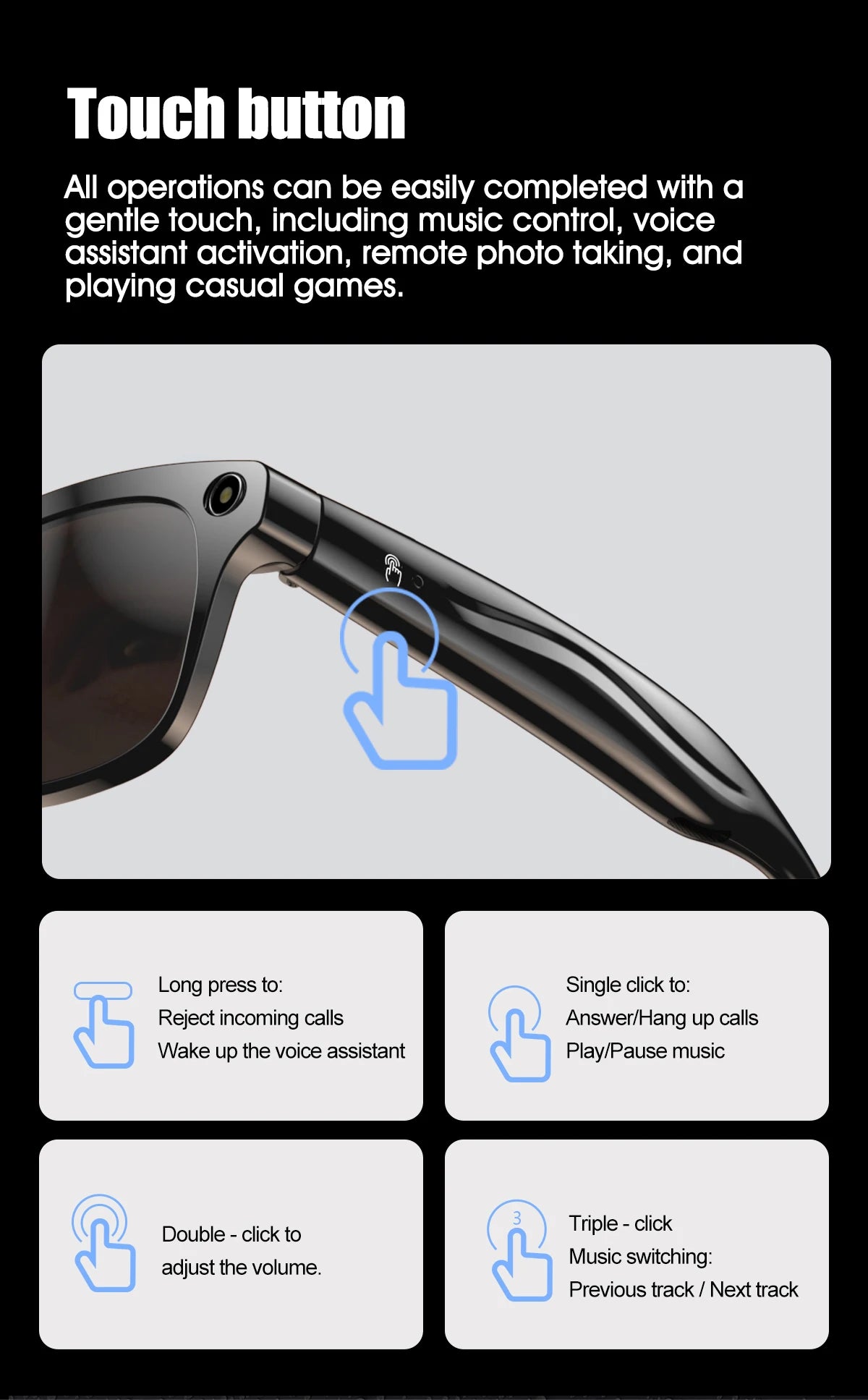 Smart Glasses for Men Women Translation Earphones AI Voice Assistant Sunglasses HD Camera Function Photo Video Music Glasses