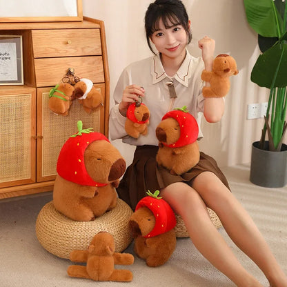 Strawberry Hat Capybara Plush Toy Simulation Turtle Backpack Capibara Stuffed Animals Papa Hand Circle Ring Small size Pendant