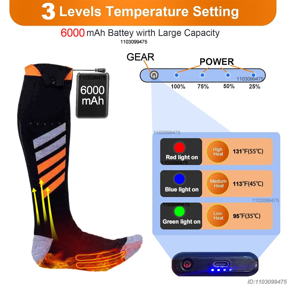 New Heated Socks Rechargeable 6000mah Electric Heated Skiing Socks Snowboarding Outdoor Sports Foot Warmer Winter Thermal Socks