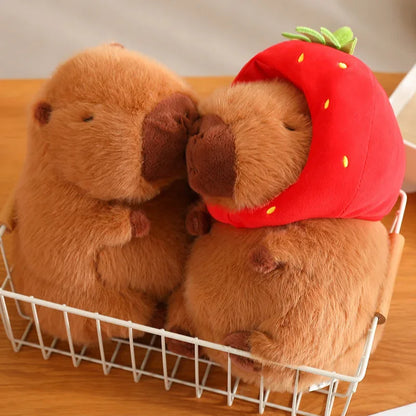 Strawberry Hat Capybara Plush Toy Simulation Turtle Backpack Capibara Stuffed Animals Papa Hand Circle Ring Small size Pendant