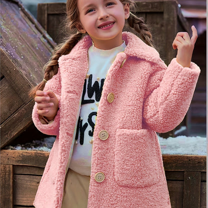 [Cozy Fleece Jacket] Cozy Fleece Jacket for Girls - Two-Tone Color Block with Plush Lining, Long Sleeves & Button Front, Casual Korean Style Winter Outerwear | Button-Up Front Jacket | Plush Lining Jacket