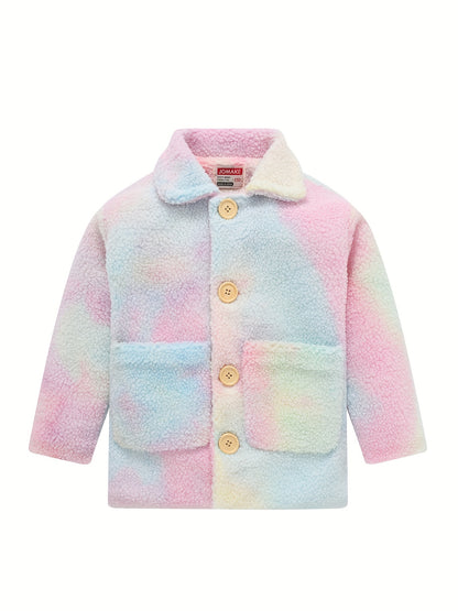 [Cozy Fleece Jacket] Cozy Fleece Jacket for Girls - Two-Tone Color Block with Plush Lining, Long Sleeves & Button Front, Casual Korean Style Winter Outerwear | Button-Up Front Jacket | Plush Lining Jacket