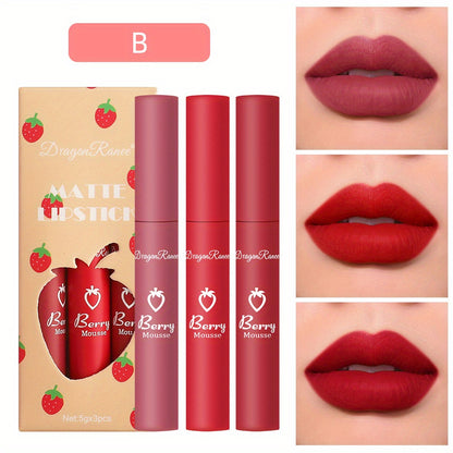 3pcs Strawberry Set Box Velvet Matte Lip Glaze Lipstick Lip Gloss Non-Stick Cup Cute Set