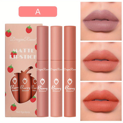 3pcs Strawberry Set Box Velvet Matte Lip Glaze Lipstick Lip Gloss Non-Stick Cup Cute Set