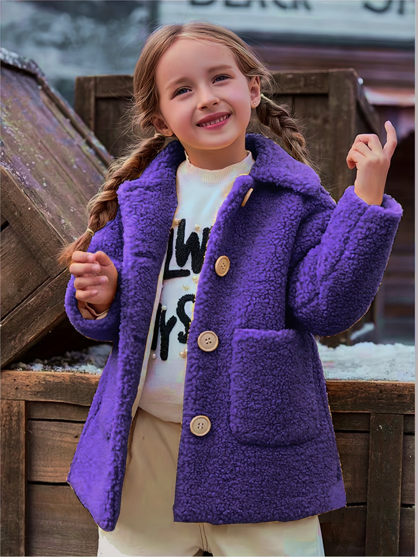 [Cozy Fleece Jacket] Cozy Fleece Jacket for Girls - Two-Tone Color Block with Plush Lining, Long Sleeves & Button Front, Casual Korean Style Winter Outerwear | Button-Up Front Jacket | Plush Lining Jacket