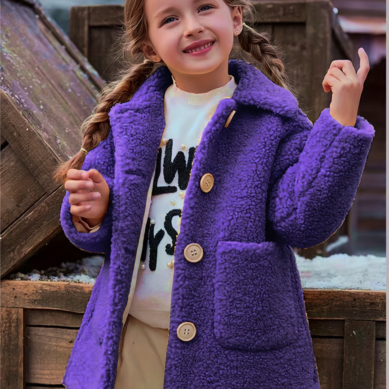 [Cozy Fleece Jacket] Cozy Fleece Jacket for Girls - Two-Tone Color Block with Plush Lining, Long Sleeves & Button Front, Casual Korean Style Winter Outerwear | Button-Up Front Jacket | Plush Lining Jacket