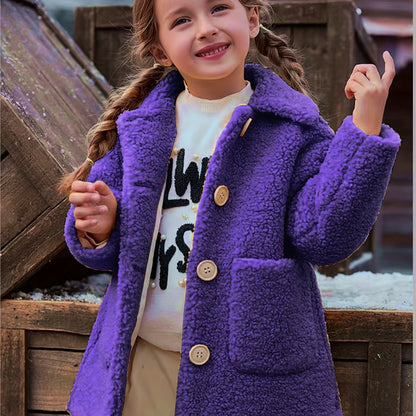 [Cozy Fleece Jacket] Cozy Fleece Jacket for Girls - Two-Tone Color Block with Plush Lining, Long Sleeves & Button Front, Casual Korean Style Winter Outerwear | Button-Up Front Jacket | Plush Lining Jacket