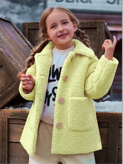 [Cozy Fleece Jacket] Cozy Fleece Jacket for Girls - Two-Tone Color Block with Plush Lining, Long Sleeves & Button Front, Casual Korean Style Winter Outerwear | Button-Up Front Jacket | Plush Lining Jacket