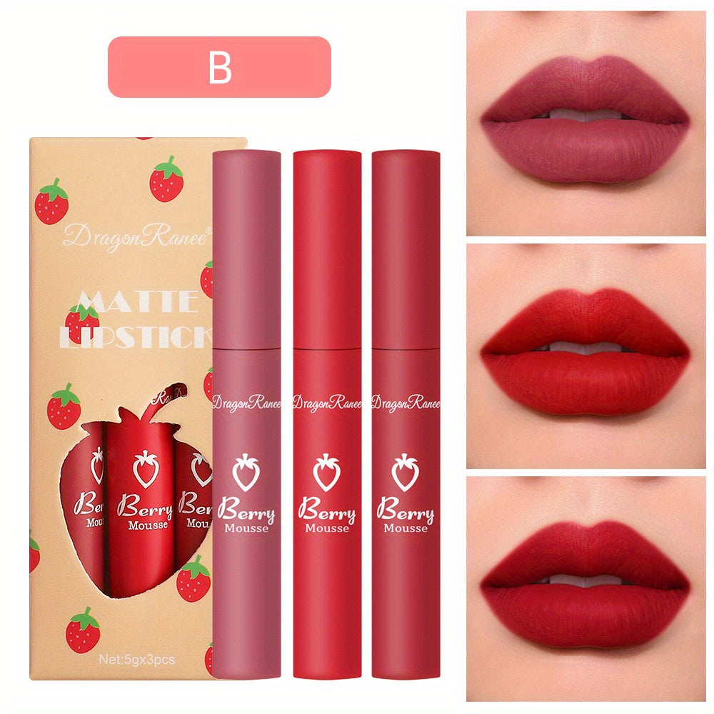 3pcs Strawberry Set Box Velvet Matte Lip Glaze Lipstick Lip Gloss Non-Stick Cup Cute Set