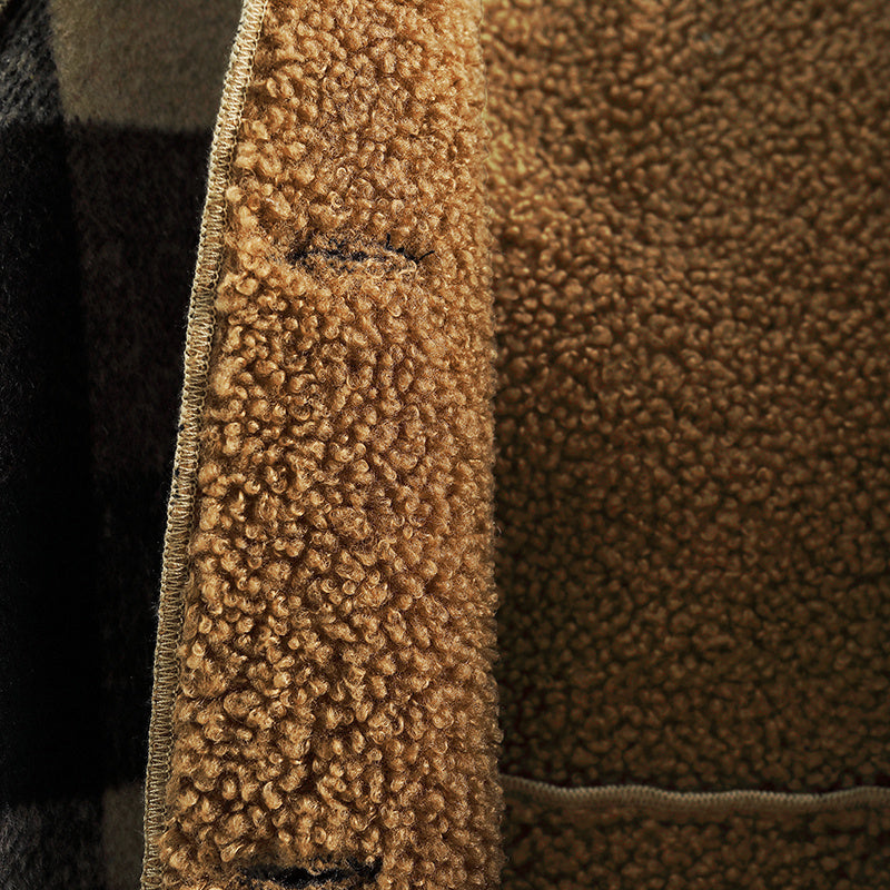 Boys' Cozy Fleece-Lined Plaid Jacket with Button Front, Pockets & Hood - Long Sleeve Casual Winter Coat for Fall/Winter, Brown & Black Checkered Pattern, Cozy Outerwear, Durable Outerwear