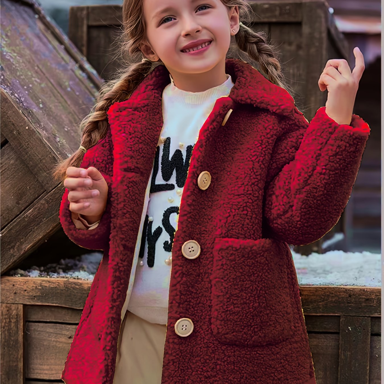 [Cozy Fleece Jacket] Cozy Fleece Jacket for Girls - Two-Tone Color Block with Plush Lining, Long Sleeves & Button Front, Casual Korean Style Winter Outerwear | Button-Up Front Jacket | Plush Lining Jacket