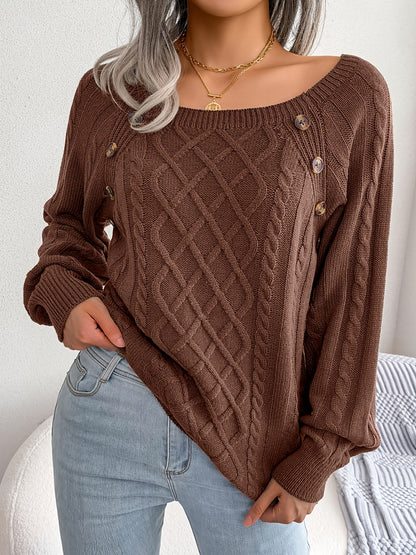 Women's Sweater Round Neck Texture Button Lantern Sleeve Sweater